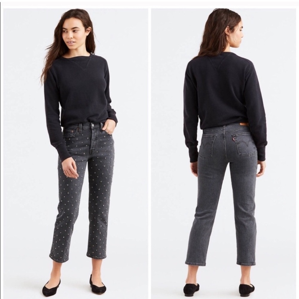 NEW Levi's 501 Denim Straight High Rise Embellished Studded Jeans Gray 29